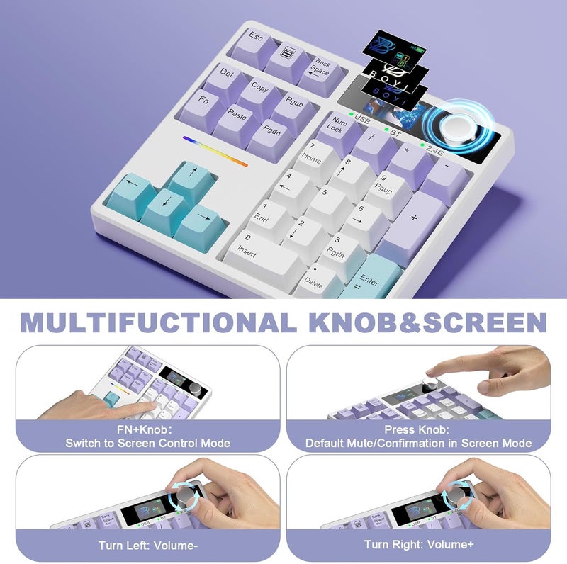 zMAX X BOYI TD31Pro Mechanical Number Pad,30 Keys Hot Swap Wireless BT5.0/2.4GHz/Type-C Wired Numeric Keypad Programmable RGB Gaming Numpad Keyboard with Knob Screen for Laptop/Mac (White-Purple) - Image 4